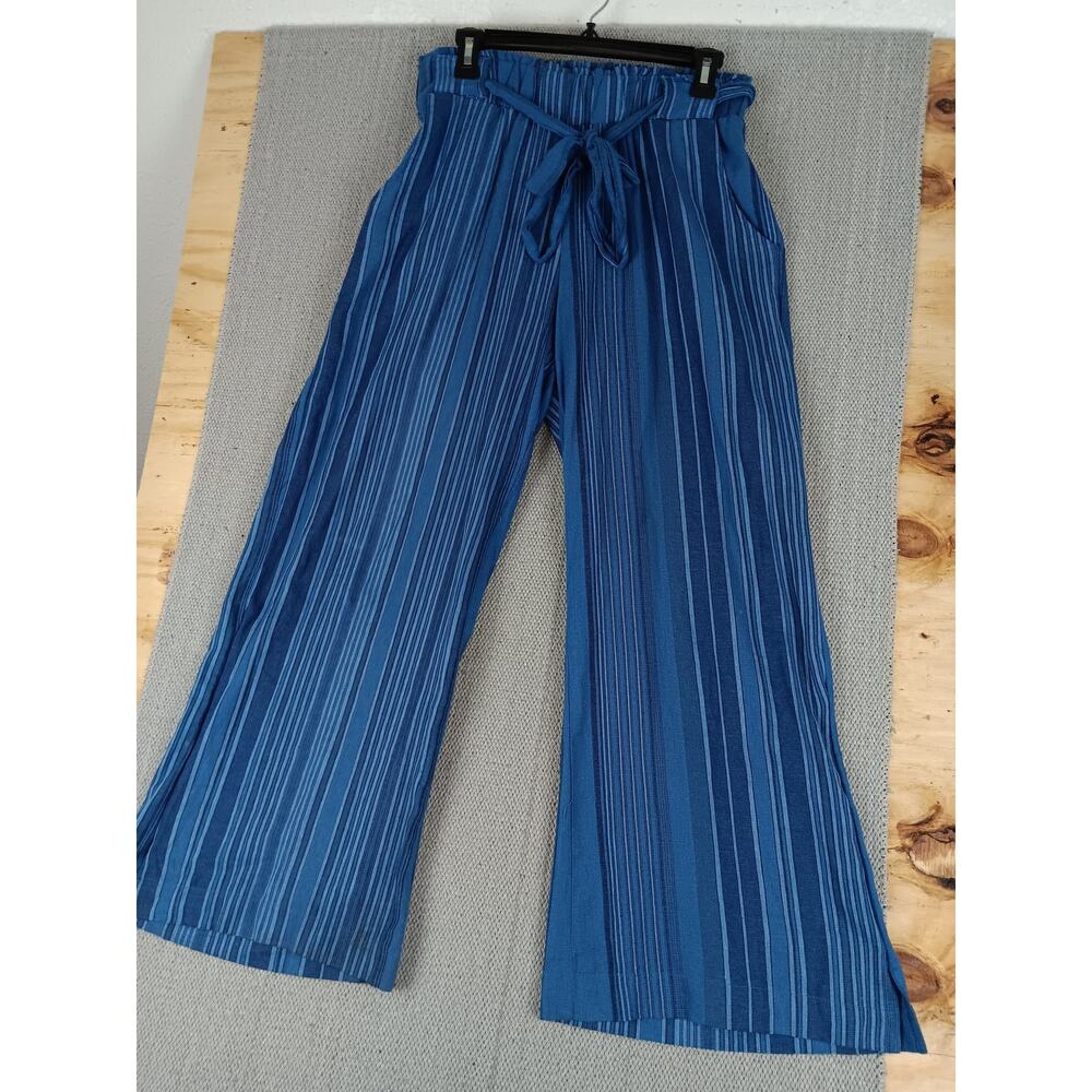 Indigo Rein Linen Blend‎ Pants Women's Large 32X28 Blue Striped Wide Leg Beach - Picture 3 of 14